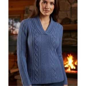 JEANNE PIERRE Cable Shawl Collar V-Neck Sweater ~ 100% Cotton